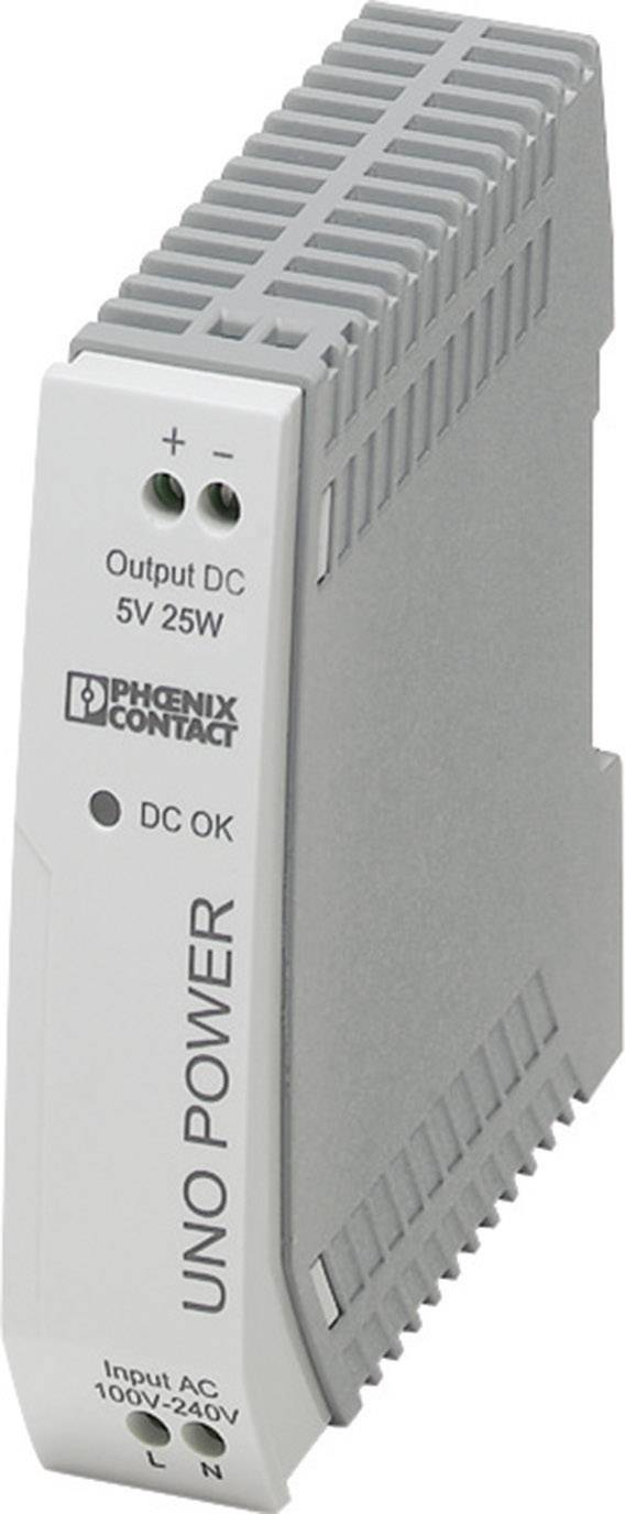Sivý napájací zdroj na DIN lištu od Phoenix Contact s nápisom 'Výstup DC 5V 25W'.