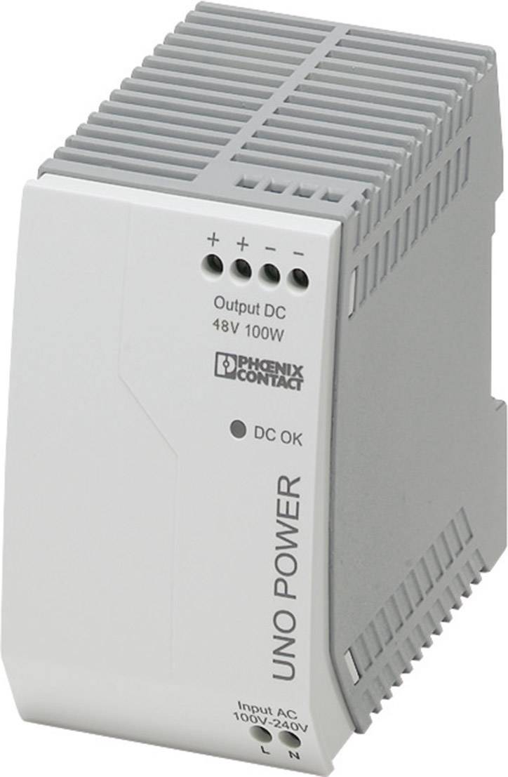 Sieťový zdroj jednosmerného prúdu od Phoenix Contact, model UNO POWER, dodáva 48V s výstupným výkonom 100W, vstupné napätie 100V-240V.