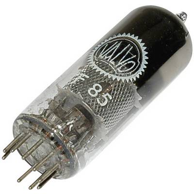 Elektrónka so skleneným obalom a viacerými kovovými kolíkmi na báze. Na vrchu je nápis s označením 'E 85'.