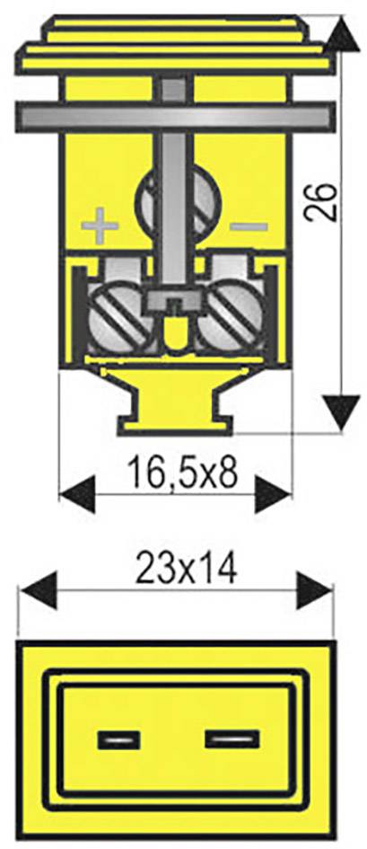 Technický výkres elektrického spínača s rozmermi: výška 26 mm, šírka 16,5x8 mm a podstavec 23x14 mm.