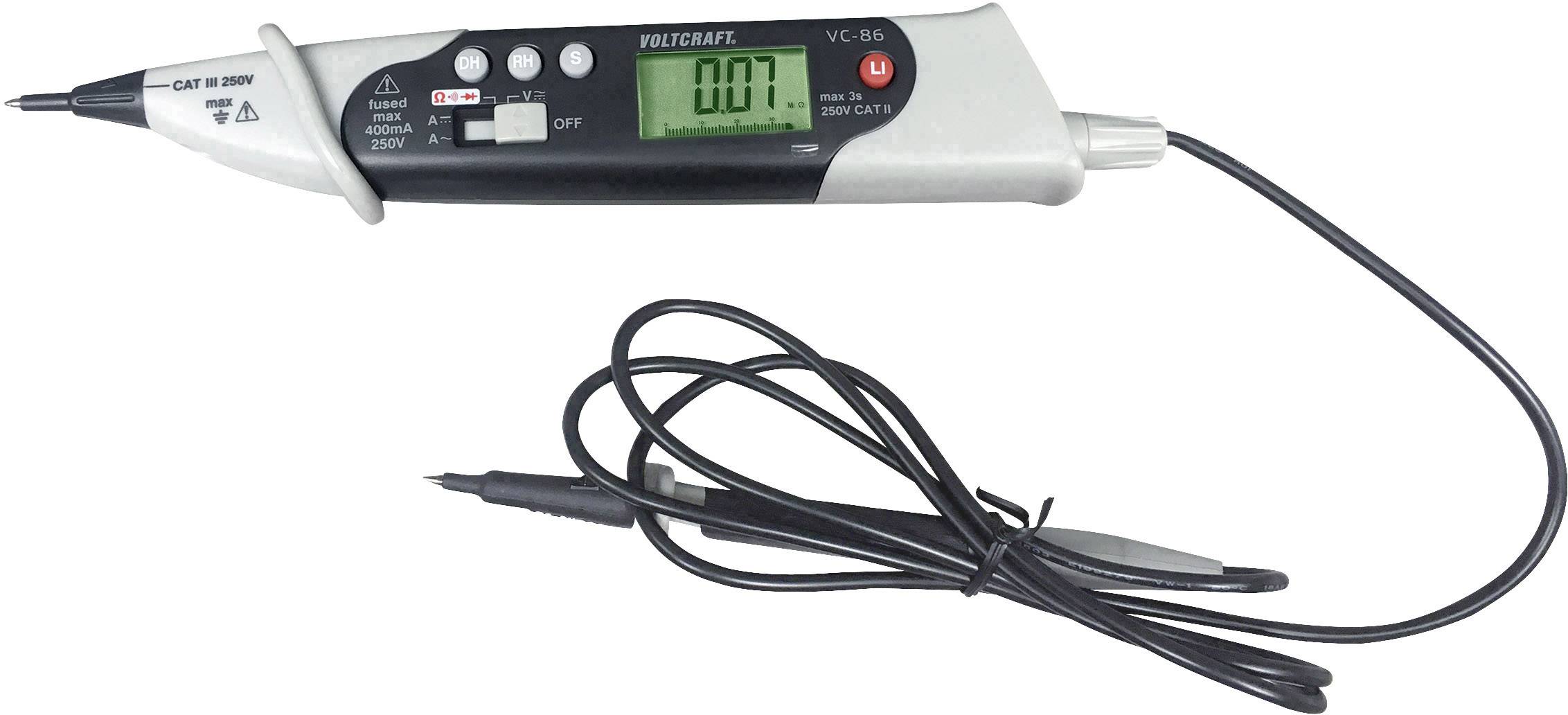 Elektrický tester napätia s digitálnym displejom, zobrazuje '0.0V'. Čierna sonda a kábel, vhodný pre merania do 250V AC/DC.