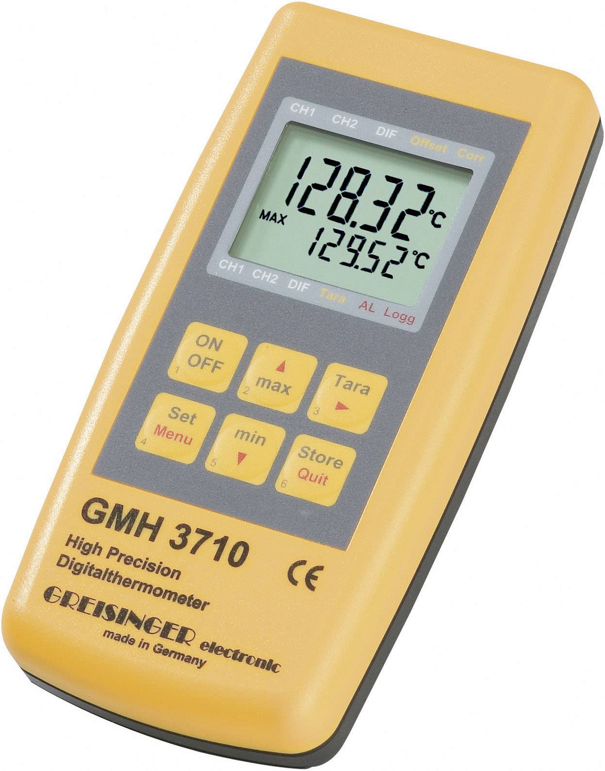 Digitálny teplomer GMH 3710 s displejom zobrazujúcim 128,32°C a maximálnou hodnotou 129,52°C. Žlté puzdro, tlačidlá pre nastavenia.