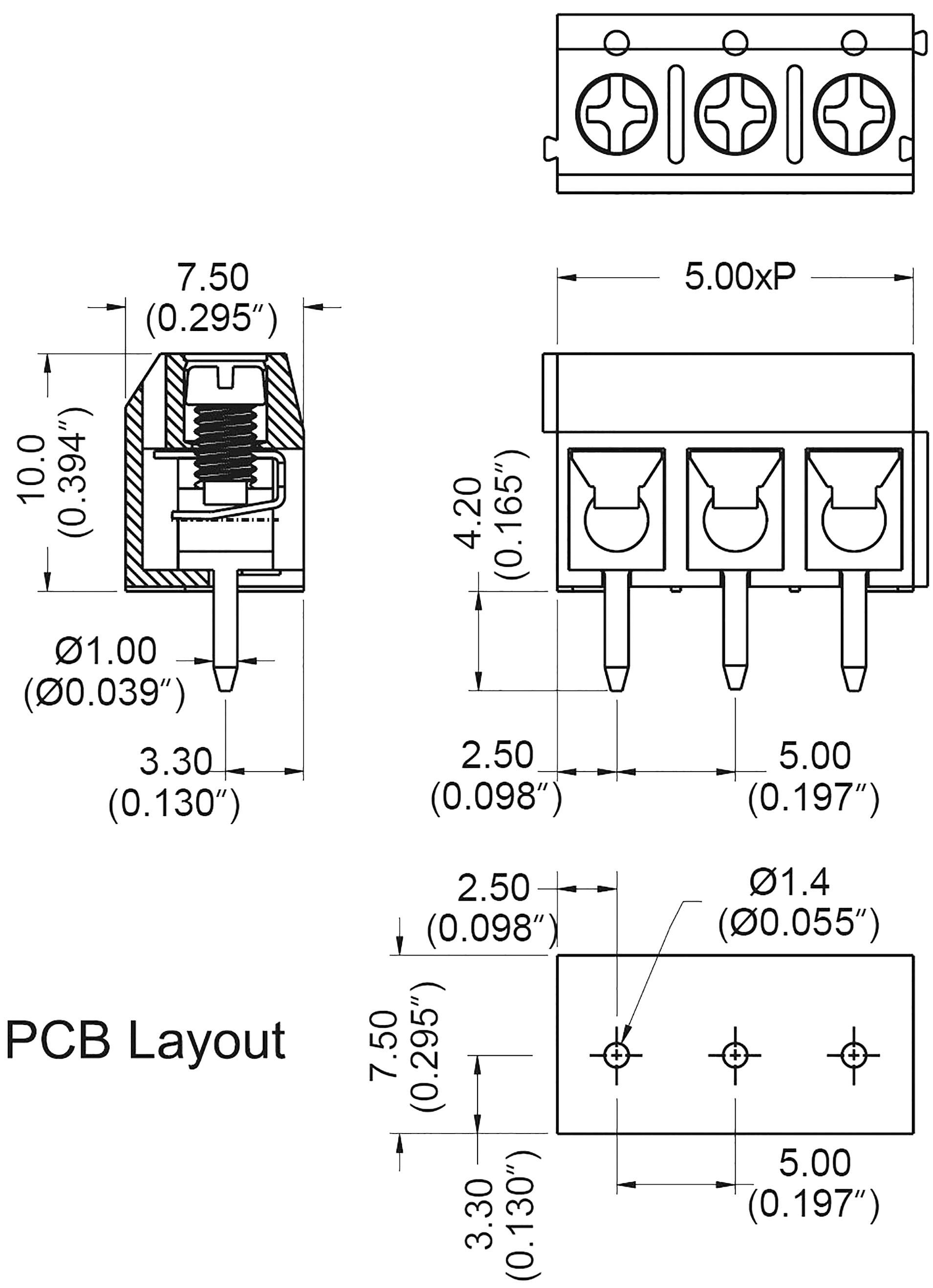Technický výkres konektora s rozmermi v milimetroch. Horný a bočný pohľad znázorňujú vzdialenosti a rozloženie pre dosku plošného spoja (PCB).