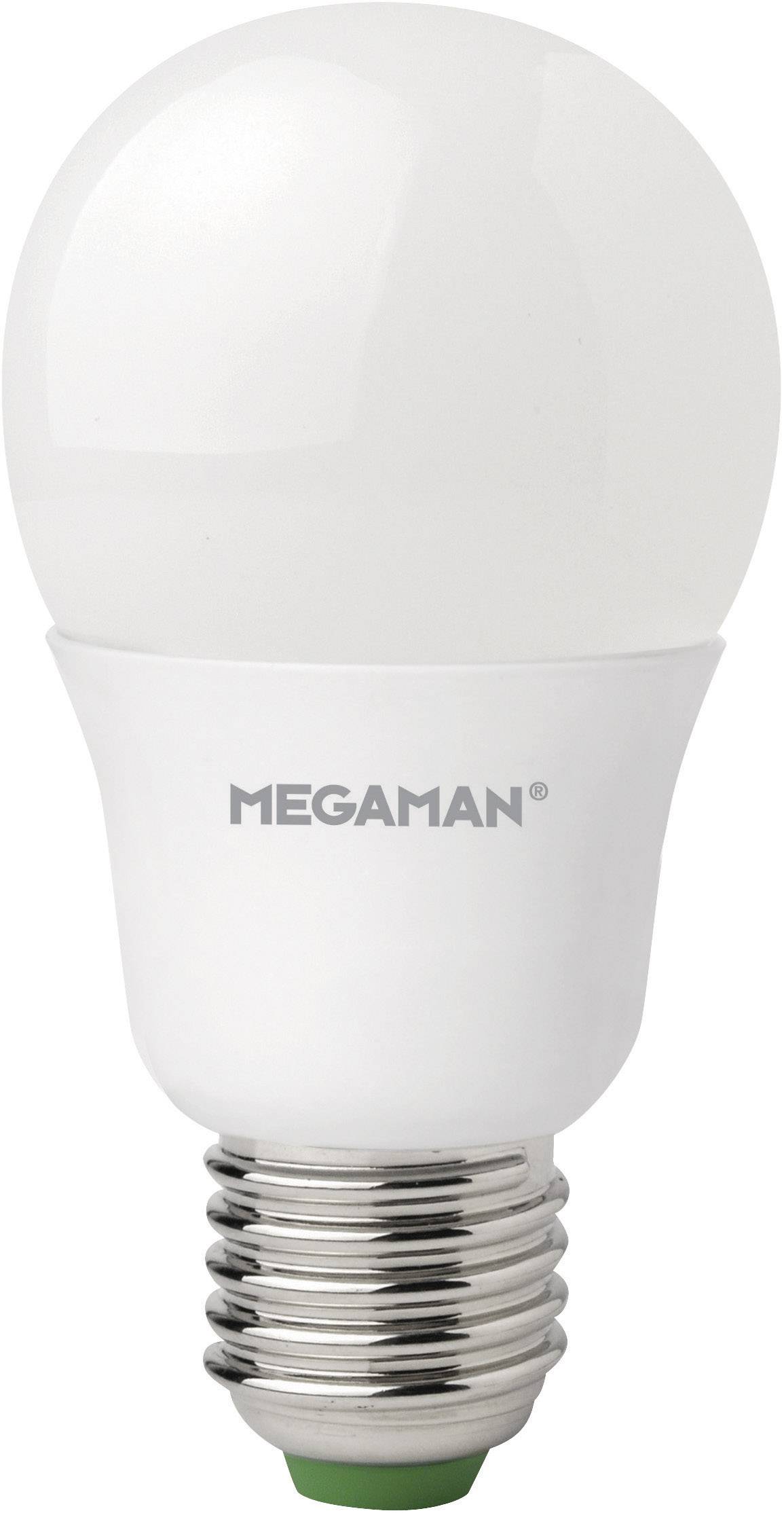 Biela LED žiarovka so skrutkovým úchytom, na pätica je viditeľný firemný názov 'MEGAMAN'.