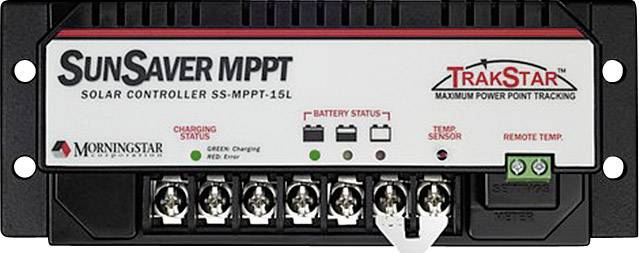 Solárny nabíjací regulátor SunSaver MPPT od Morningstar, model SS-MPPT-15L, so stavovou indikáciou nabíjania, stavu batérie a teplotného senzora.