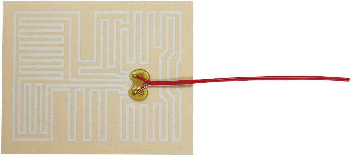 Obdĺžnikový elektrický vyhrievací prvok s labyrintovým dizajnom špirály; červený kábel je pripojený.