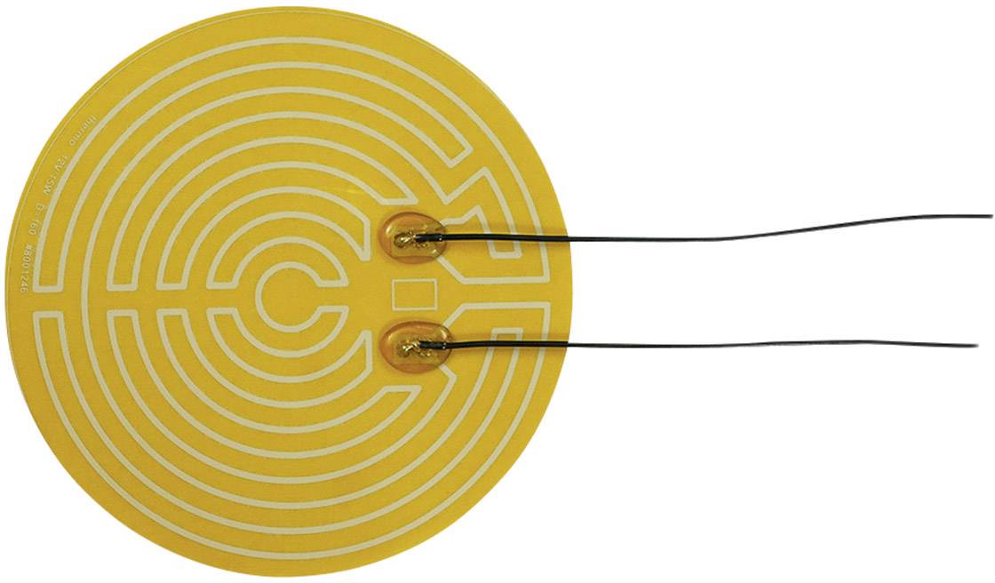 Guľatý žltý senzor s labyrintickými bielymi líniami a dvoma čiernymi káblami, používaný na meranie vlhkosti.