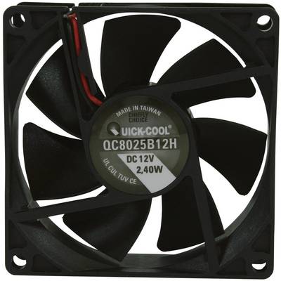 Čierny počítačový ventilátor so šiestimi rotačnými listami, model 'UC8025B12H', DC 12V, 2,40 W. Text 'Made in Taiwan' na náboji.