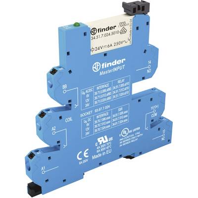 Modrý elektrický reléový modul od výrobcu Finder. Potlač zobrazuje technické špecifikácie: 24V~, 6A, 250V~. Vyrobené v EÚ.