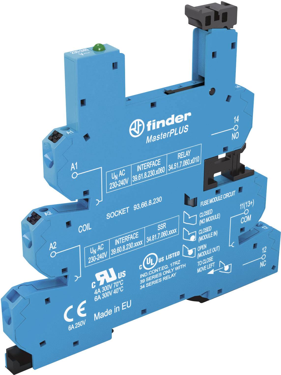 Finder 93.66.7.024 Zoccolo per relè con leva di bloccaggio, con LED, con circuito di soppressione EMC Adatto per serie (Relè): Finder Serie 34 Finder 