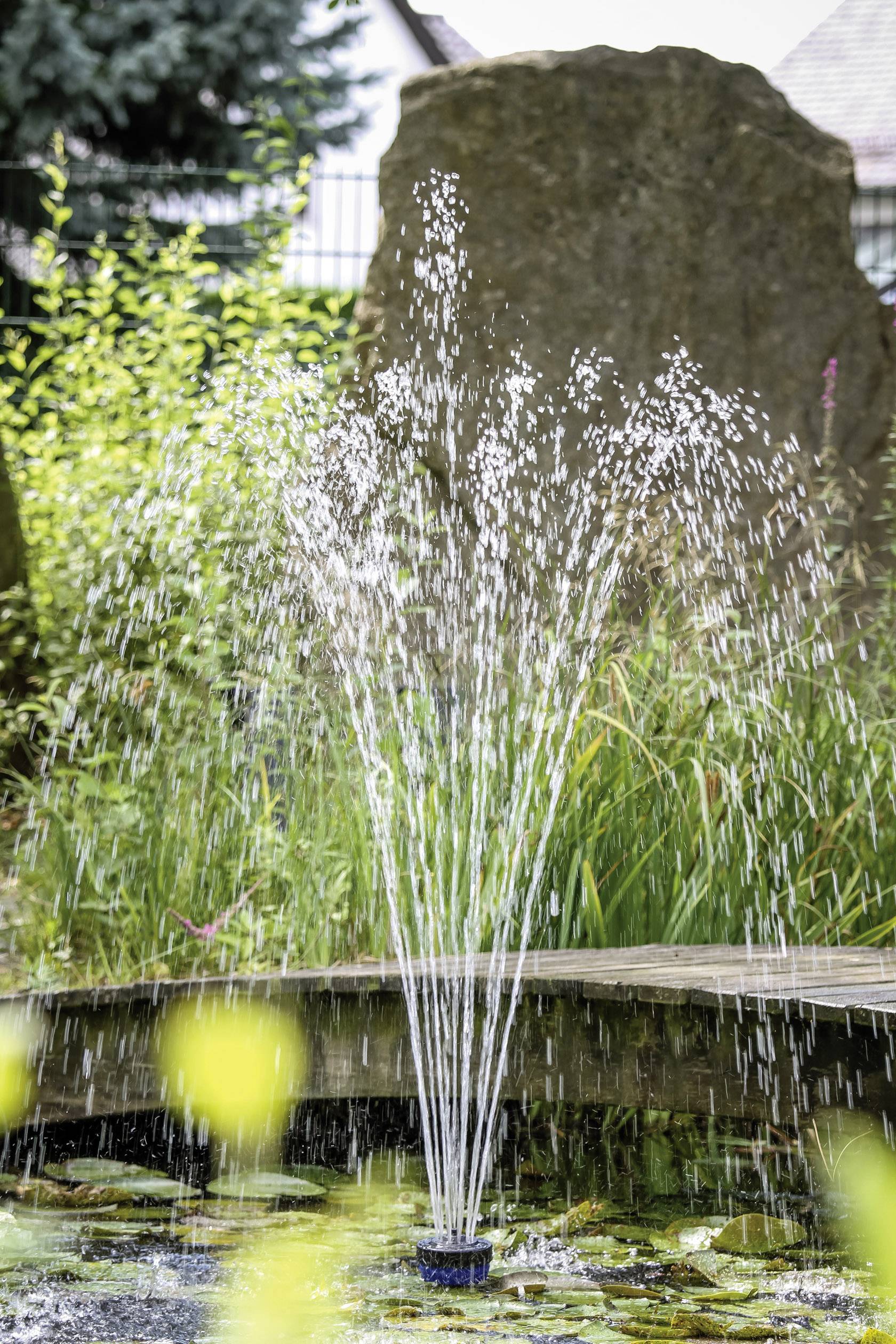 Fontána v záhrade s vysokým vodným stĺpom, obklopená rastlinami a skalami.