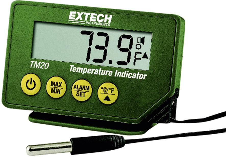 Zelený digitálny teplomer 'EXTECH TM20' ukazuje 73,9 stupňov Fahrenheita. Zariadenie má tlačidlá pre Max/Min, Alarm a °C/°F. Je pripojený jeden snímač.