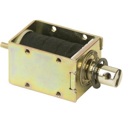 Malý, obdĺžnikový elektromagnet s pohyblivým hriadeľom a kovovým krytom, často používaný v zariadeniach na riadenie mechanických pohybov.