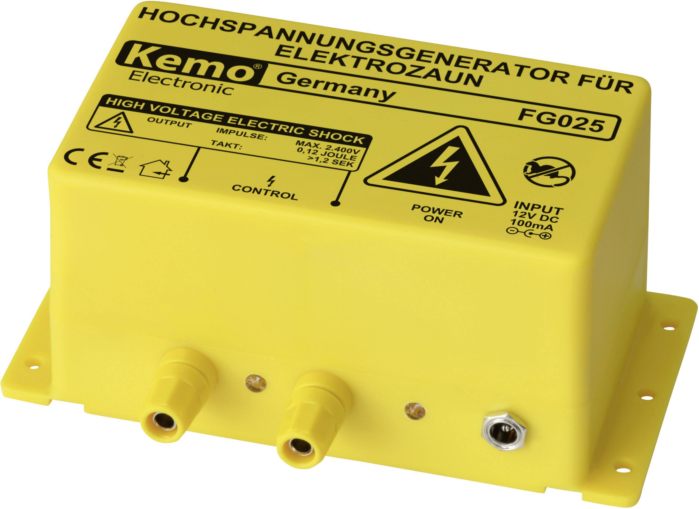 Žltý vysokonapäťový prístroj s nápisom 'VYSOKONAPÄŤOVÝ GENERÁTOR PRE ELEKTRICKÝ PLOT'. Výstražné symboly elektrickej energie a úrazu elektrickým prúdom.