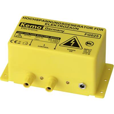 Žltý vysokonapäťový prístroj s nápisom 'VYSOKONAPÄŤOVÝ GENERÁTOR PRE ELEKTRICKÝ PLOT'. Výstražné symboly elektrickej energie a úrazu elektrickým prúdom.