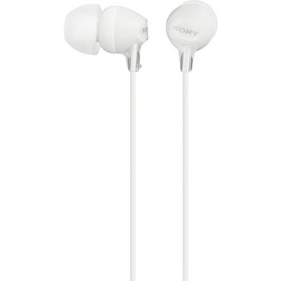 Biele in-ear slúchadlá so logom Sony na slúchadlových koncovkách, ktoré ukazujú jednoduchý a elegantný dizajn.