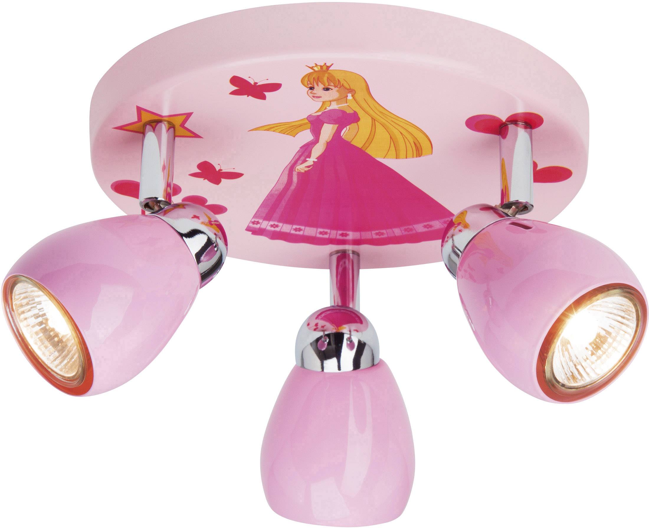 Ružová stropná lampa do detskej izby s motívom princeznej. Tri nastaviteľné svetelné body, zdobené motýlikmi.