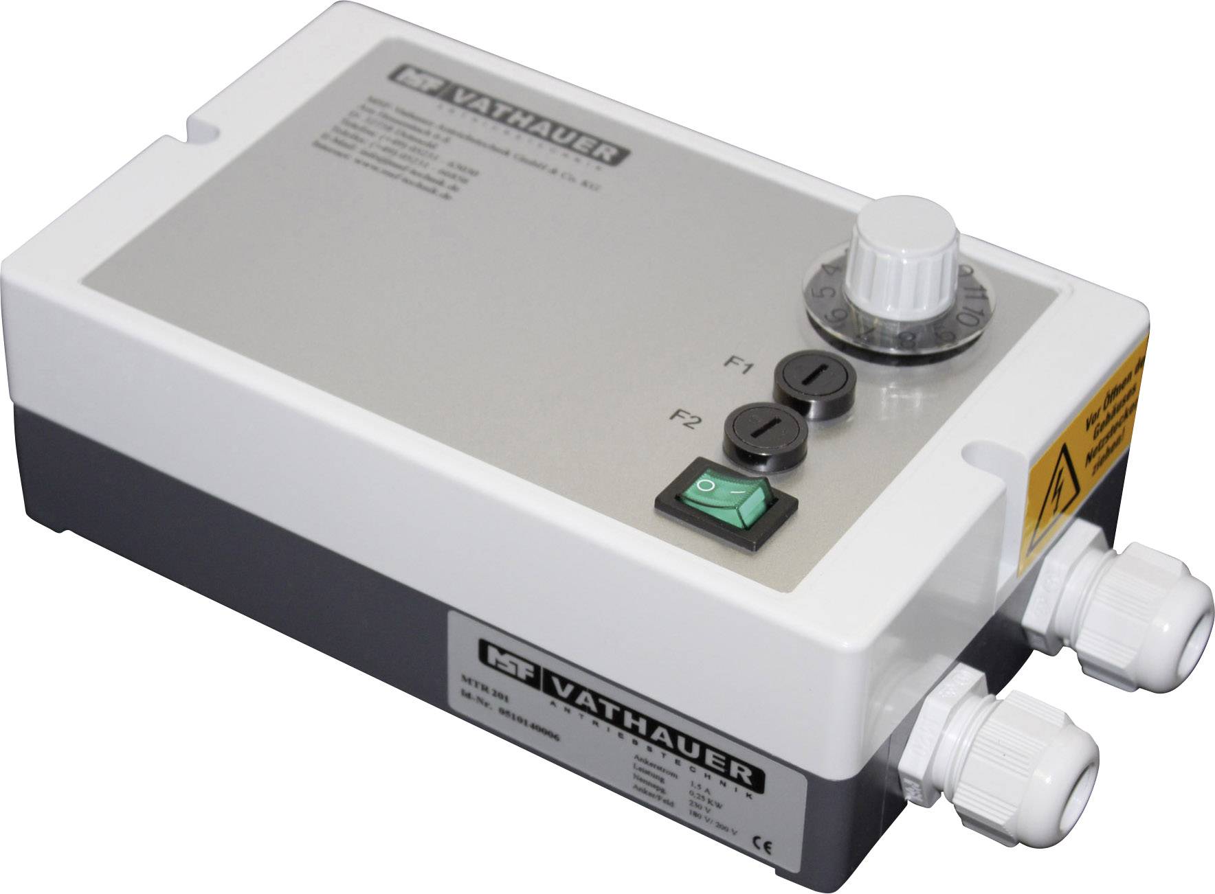 Elektronická riadiaca jednotka s otočným gombíkom a dvoma prepínačmi. Na hornej strane je logo 'VATHAUER' a technické detaily.
