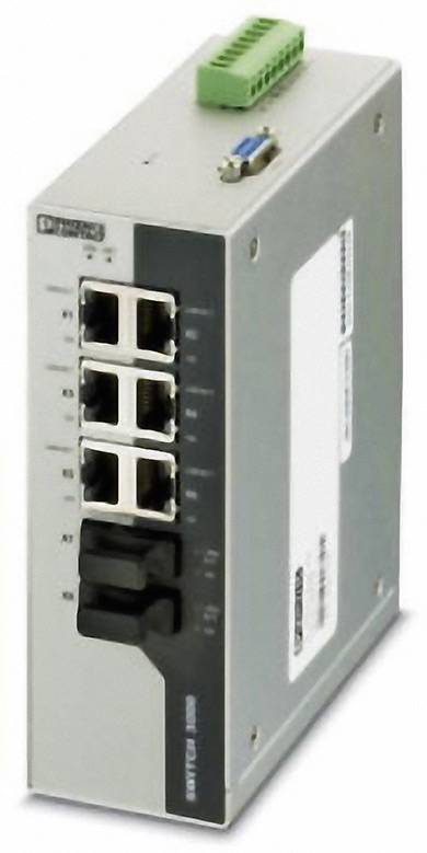 Sivý priemyselný ethernetový switch so štyrmi ethernetovými a dvoma optickými vláknami. Na hornej strane blok konektorov a sériové rozhranie.