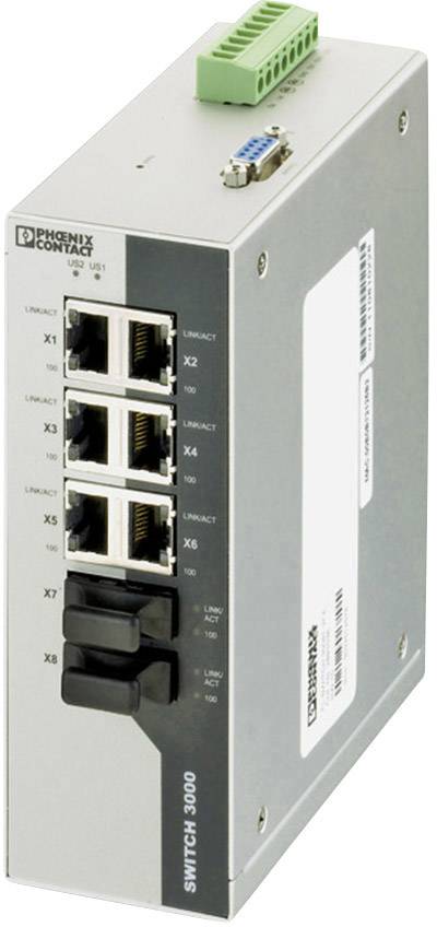Priemyselný ethernetový switch s ôsmimi portami vrátane optických vlákien. Značka 'Phoenix Contact', model SWITCH 3000.