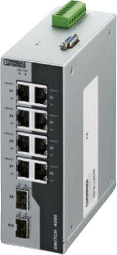 Priemyselný ethernetový prepínač s ôsmimi portami a dvoma optickými pripojeniami. Kryt je sivý s zelenými prvkami.