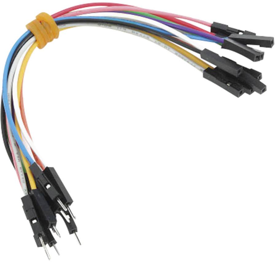 Farebné jumpre s konektormi, zviazané do zväzku. Často používané na prepájanie elektrických komponentov v elektronických projektoch.