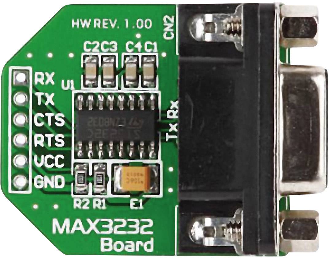 Doska 'MAX3232' so zeleným obvodom, dvomi radmi pinov na ľavej strane a RS232 portom na pravej strane.