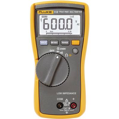Multimeter zobrazuje '600,0 V' na displeji. Horná časť prístroja obsahuje tlačidlá pre funkcie Hold, Min/Max a Rozsah, ako aj otočný volič na výber meracieho rozsahu.