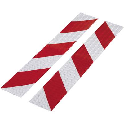 Červené a biele reflexné pruhy ako výstražné značenia na úzkych obdĺžnikových plochách, určené na bezpečnostné označenie.