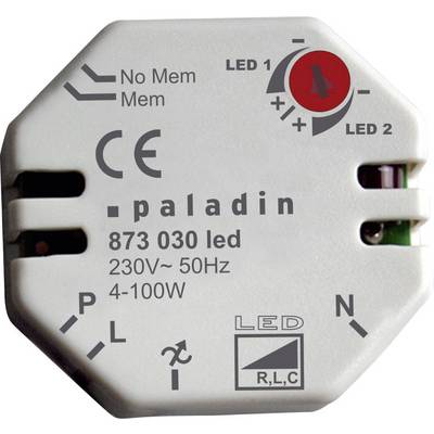 Elektronický stmievač s nápisom 'paladin 873 030 led'. Na zariadení sú vyznačené symboly a technické špecifikácie: 230V, 50Hz, 4-100W.