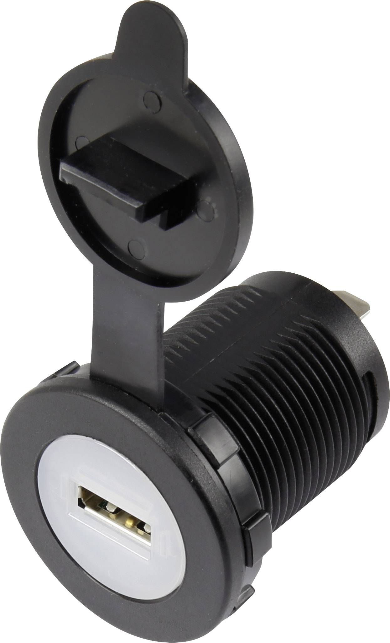 USB-indbygningsbøsning med støvbeskyttelseshætte Tilslutning, indbygning lodret Enkelt, rund front Ø 36,8 mm, med blå belysning 1229306 TRU COMPONENTS Indhold: