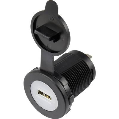 Čierna, okrúhla USB nabíjacia zásuvka s krytom, mierne otvorená. Kompatibilná s bežnými USB zariadeniami. Ideálna na inštaláciu do vozidiel.