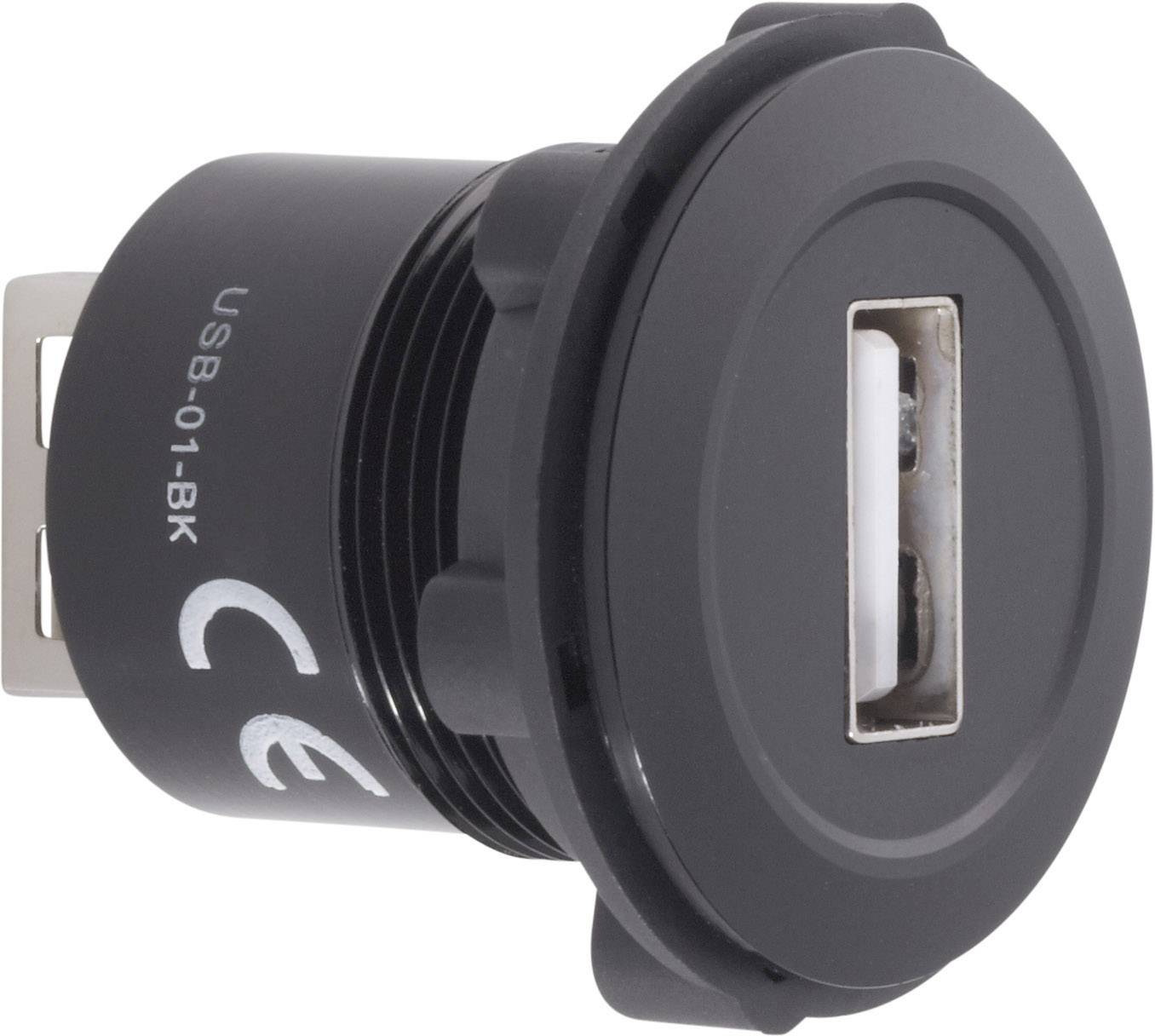 Čierny USB adaptér s označením 'USB-01-BK' a 'CE'. Vhodný na zabudovanie do steny alebo plochy.