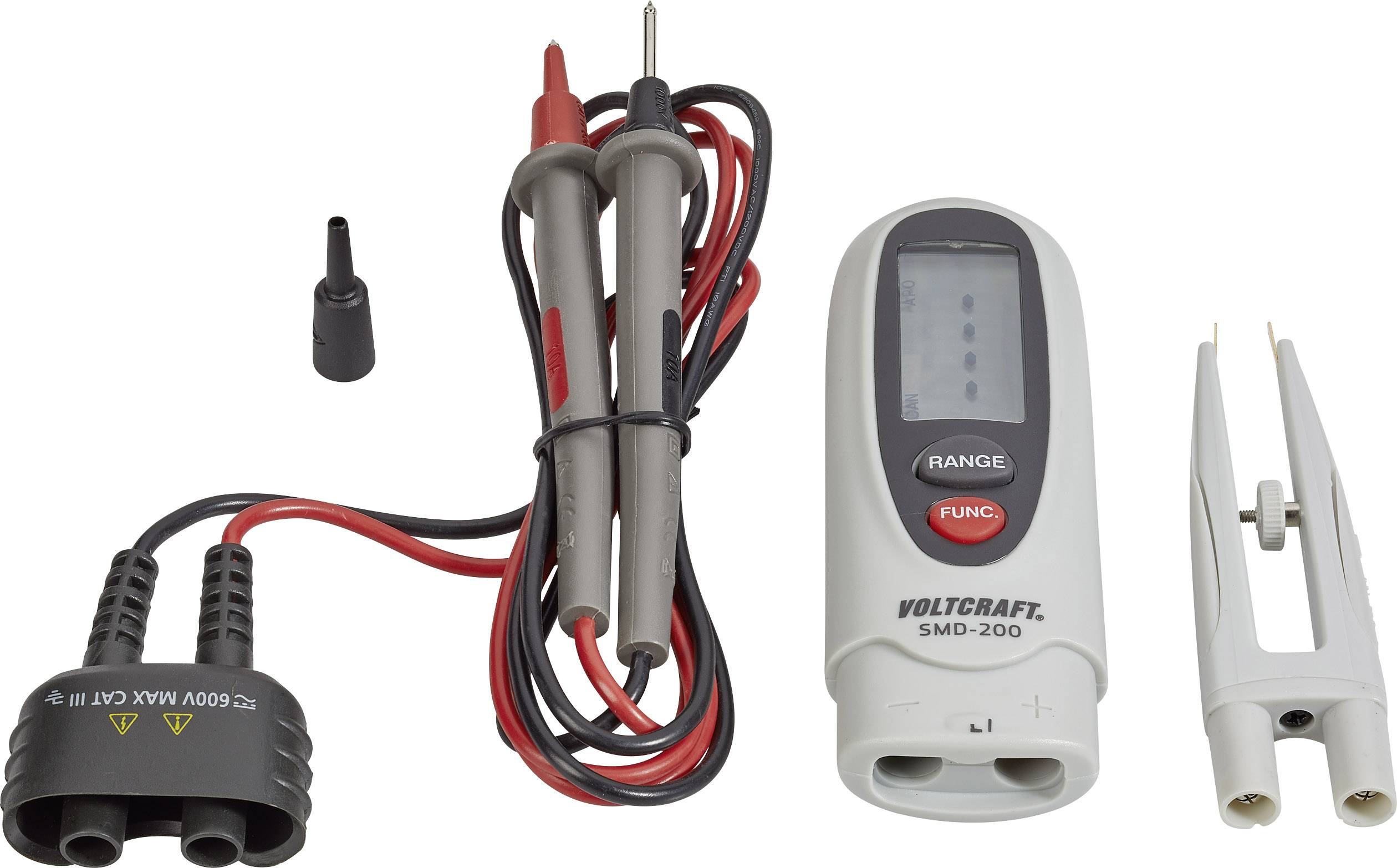 Multimeter s meracími káblami a príslušenstvom na meranie elektrických parametrov. Model 'Voltcraft SMD-200'.