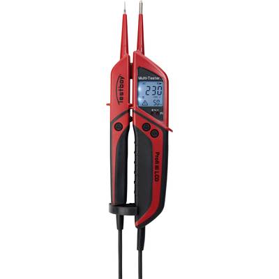 Dvojpólový tester napätia zobrazuje na LCD displeji '230 V'. Zariadenie je čierno-červené a má dve meracie hroty.