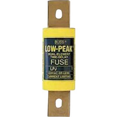 Žltá poistka s nápisom 'LOW-PEAK DUAL-ELEMENT TIME-DELAY FUSE LPN-RK'. Hlavná charakteristika: Pomalá reakcia na prúdové špičky.