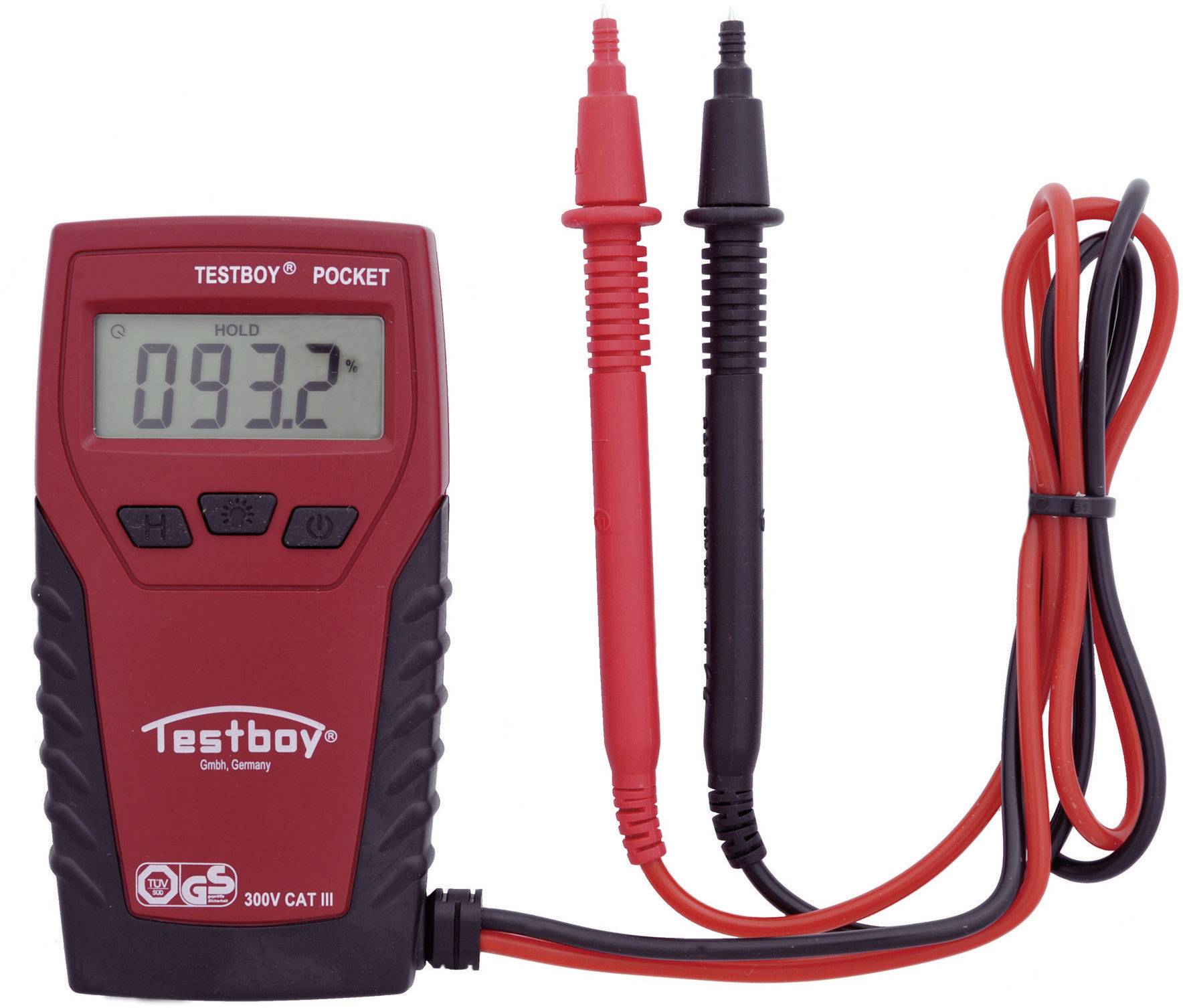 Digitálny multimeter s displejom '93.2', červenými a čiernymi meracími vodičmi, vhodný pre meranie napätia do 300V CAT III.