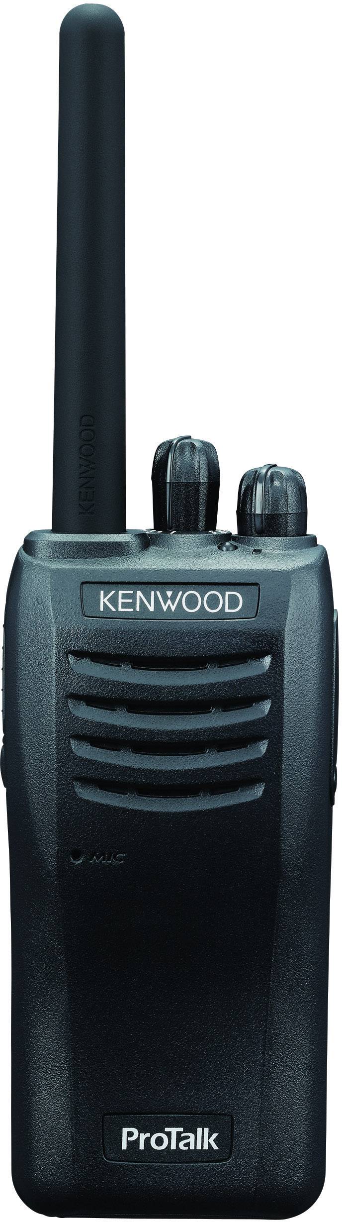 Ručná rádiostanica značky Kenwood, model ProTalk, s anténou a dvoma otočnými gombíkmi na vrchu.