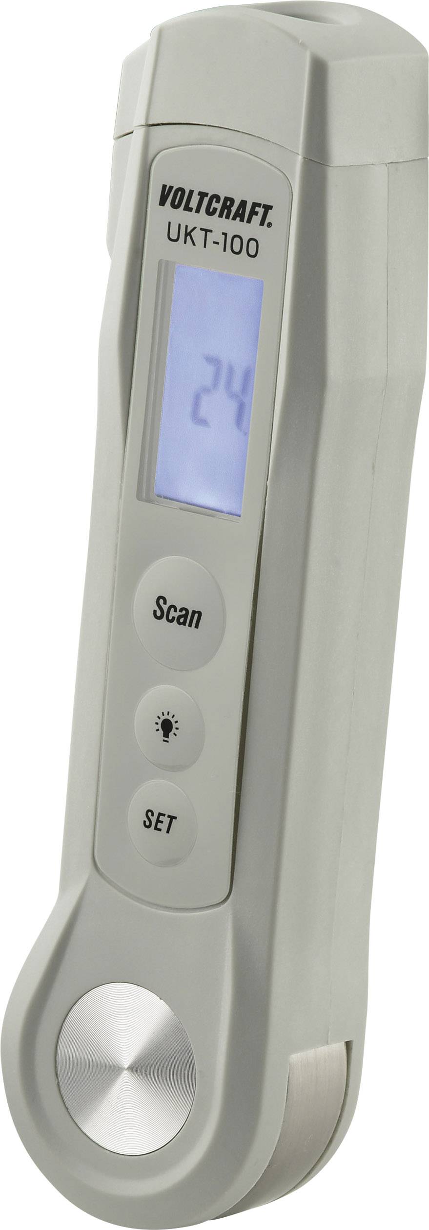 Teplomer v sivej farbe s LCD displejom, tlačidlami na skenovanie a nastavenie; značka 'Voltcraft UKT-100'.