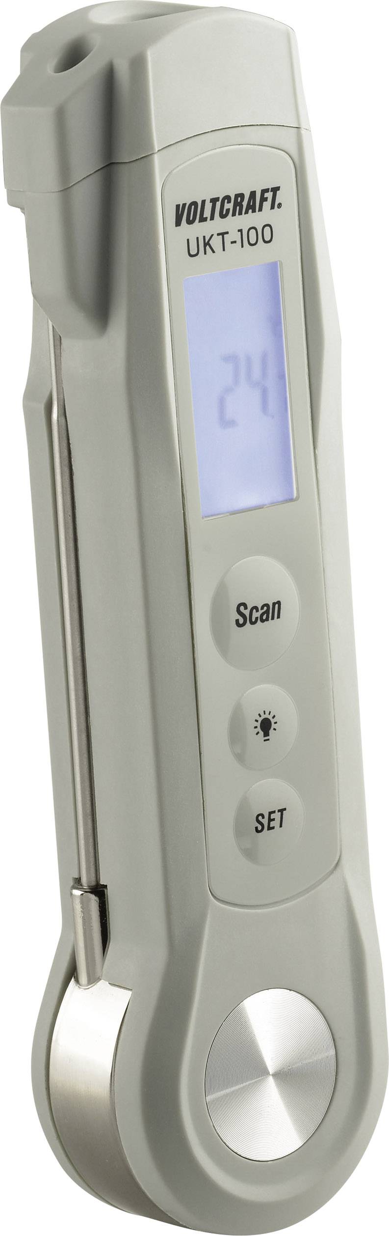 Sivý digitálny teplomer s LCD displejom ukazuje 24 stupňov. Tlačidlá s nápismi 'Scan', symbol svetla a 'Set'. Značka 'Voltcraft UKT-100'.