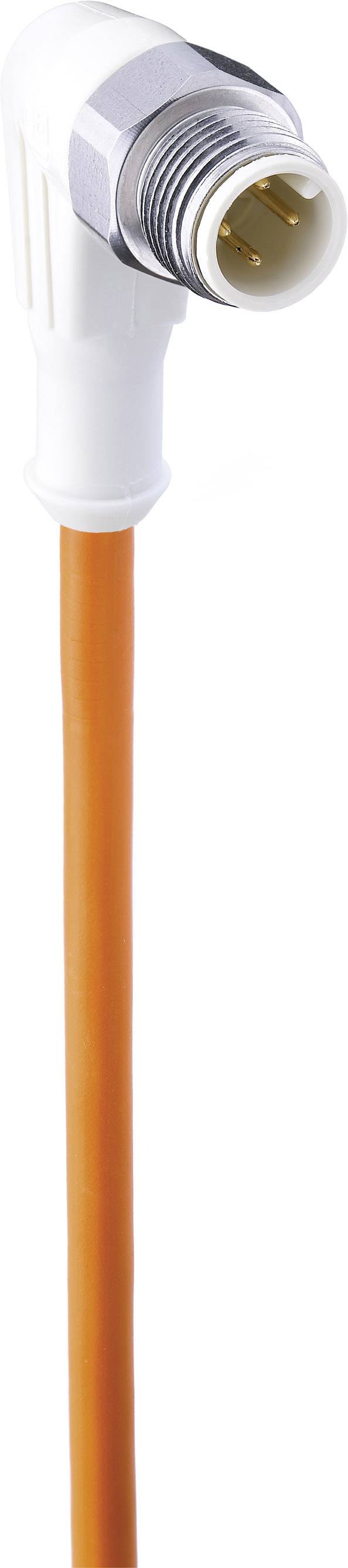 Oranžový zalomený kábel s kovovým trojkolíkovým konektorom na bielom pozadí.