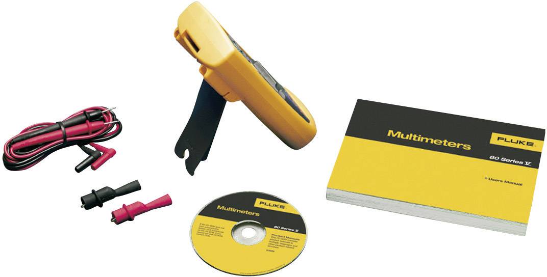 Digitálna sada multimetra pozostávajúca z multimetra, návodu na obsluhu, meracích káblov a ovládačovej CD v žltej a čiernej farbe.