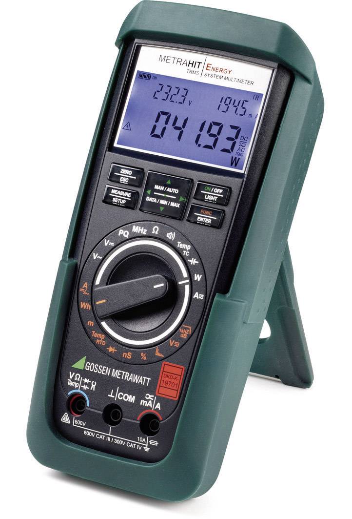 Digitálny multimeter so zeleným rámom a displejom, zobrazujúci hodnoty napätia a prúdu. Otočný volič pre rôzne režimy merania.