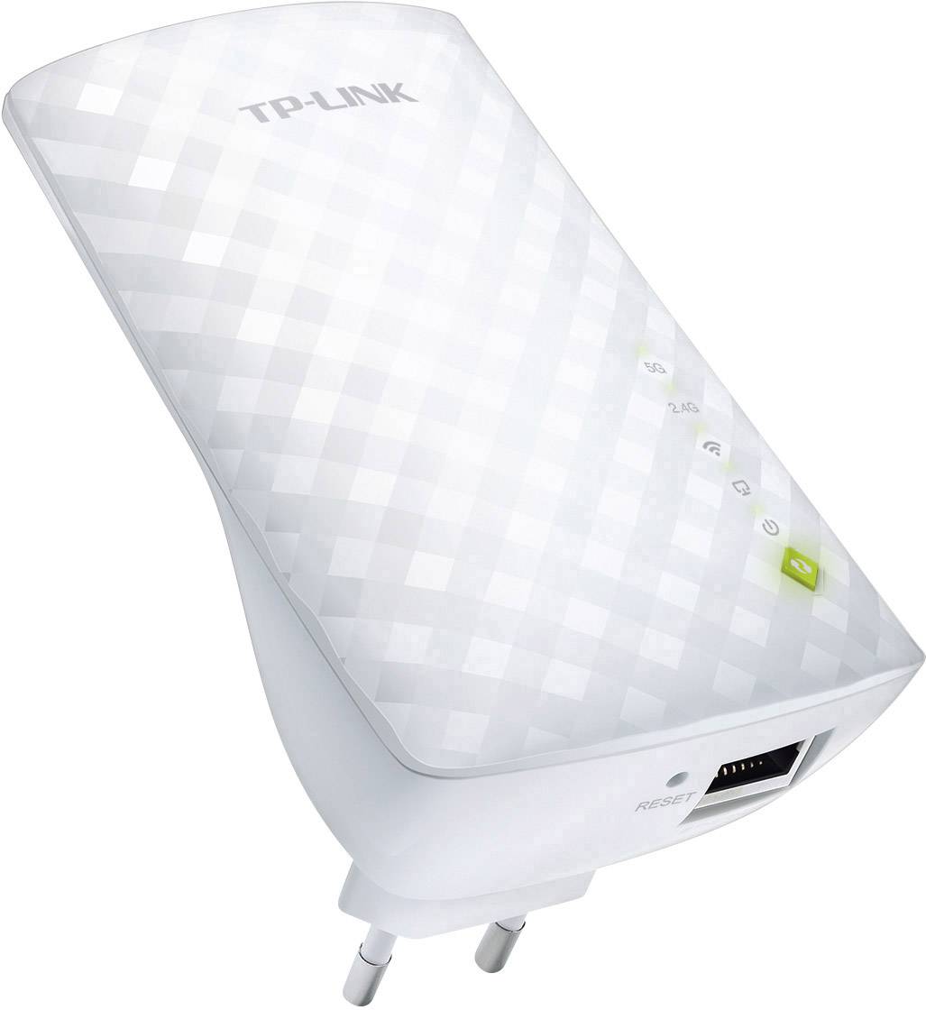 TP-Link WiFi repeater s LED indikátormi pre rôzne sieťové nastavenia. Zariadenie je biele s geometrickým vzorom.