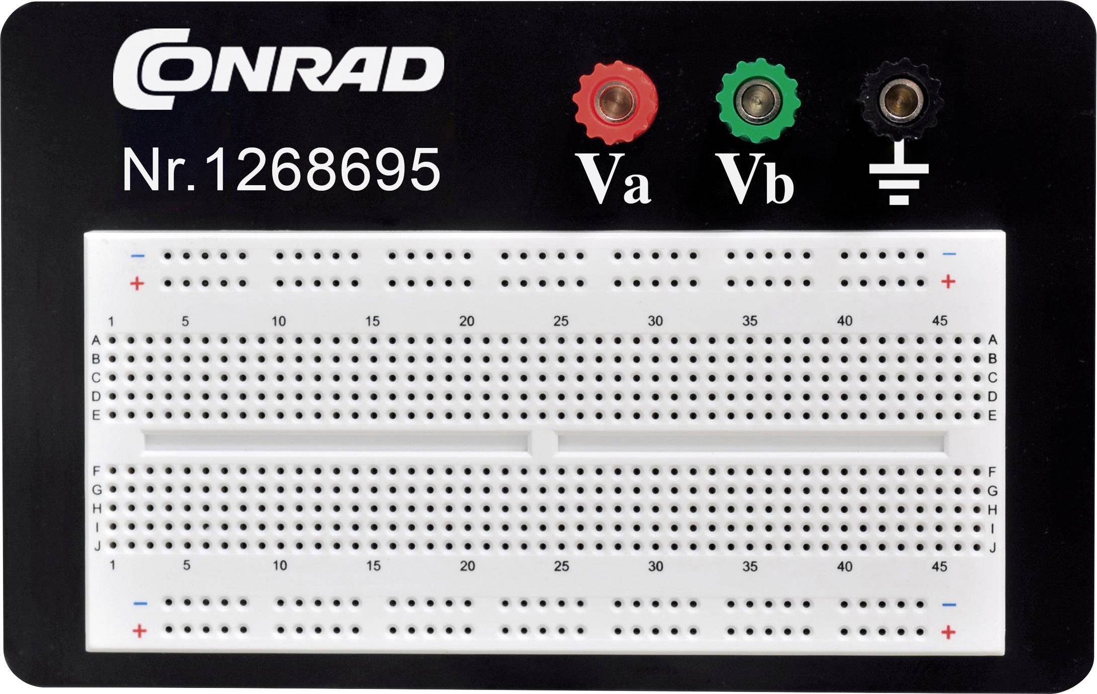 Doska plošných spojov s kontaktným poľom, označená ako 'CONRAD č. 1268695', má farebné konektory na vrchu pre napätie a uzemnenie.