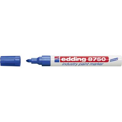 Modrý značkovač 'edding 8750 industry paint marker' so zňatým uzáverom, široký hrot je viditeľný.