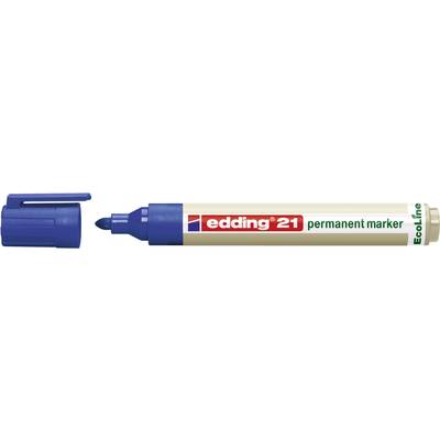 Modrý otvorený permanentný popisovač Edding EcoLine s béžovým obalom a nápisom 'edding 21 permanentný popisovač'.