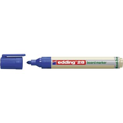 Modrý popisovač Edding 28 na tabuľu so sňatým uzáverom, položený. Pero má svetlé telo a modrý hrot.