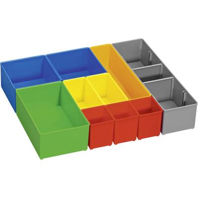 Farebné, obdĺžnikové plastové boxy rôznych veľkostí a farieb (modrá, zelená, žltá, červená, sivá) usporiadané do jedného celku.