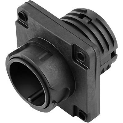 Čierny štvorcový plastový vložok s kruhový otvorom a skrutkovými otvormi v rohoch, vhodný pre mechanické spoje.